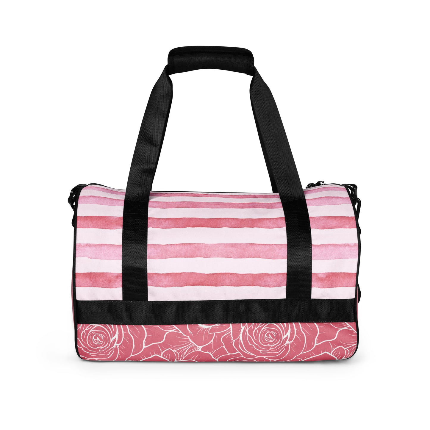 LillieLux ‘blush’ gym bag back view, pink and white striped top panel, pink and white rose pattern bottom panel, black strapped handles, white background