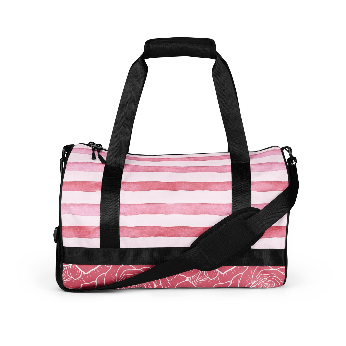 LillieLux ‘blush’ gym bag front view, pink and white striped top panel, pink and white rose pattern bottom panel, no pockets, white background