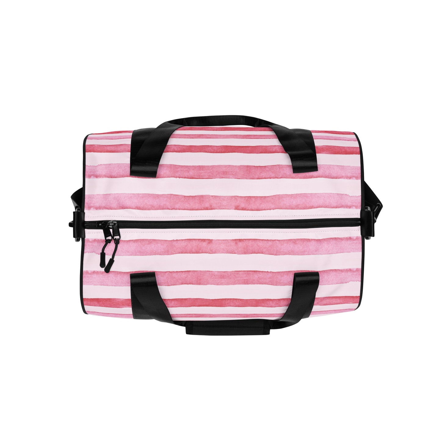 LillieLux ‘blush’ gym bag, pink and white striped top view, pink and white stripes, black double handle , white background