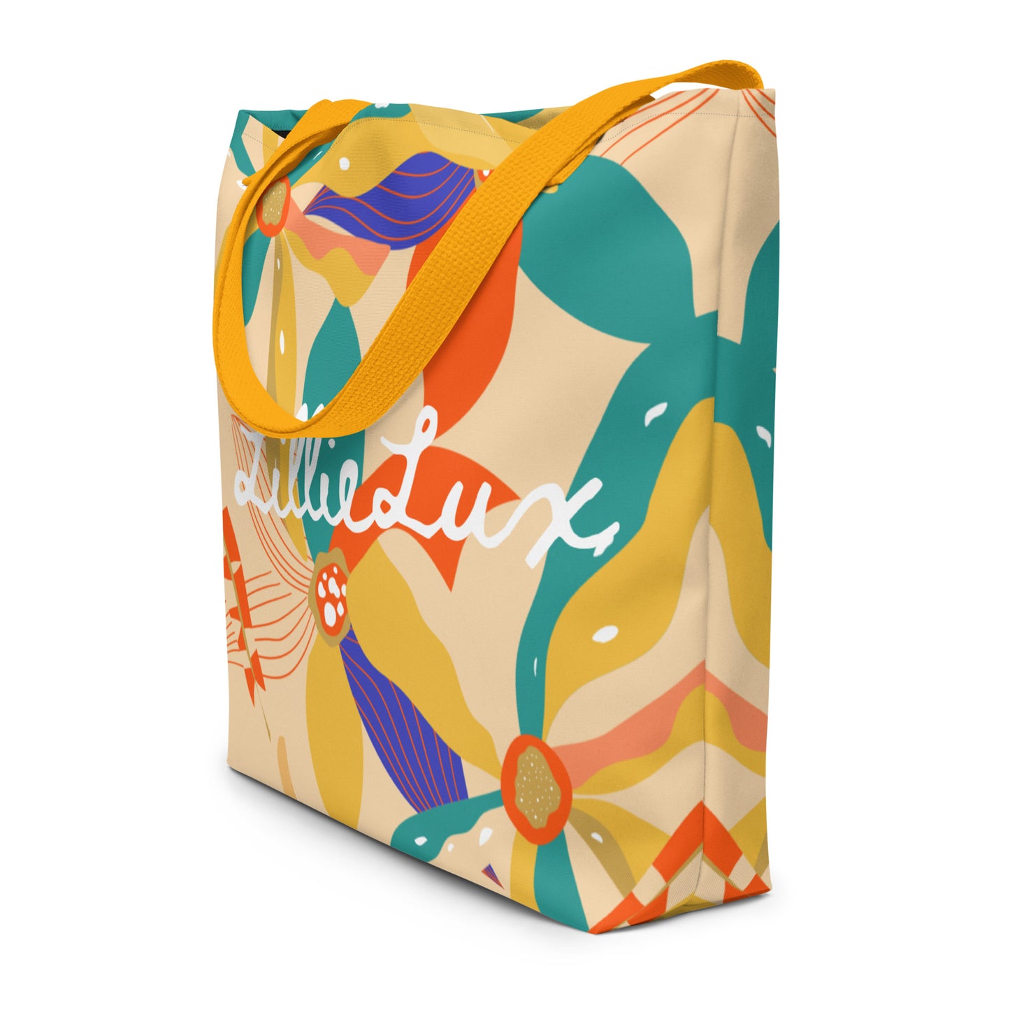 LillieLux ‘conch’ large tote bag, yellow handles, front angle view, white background