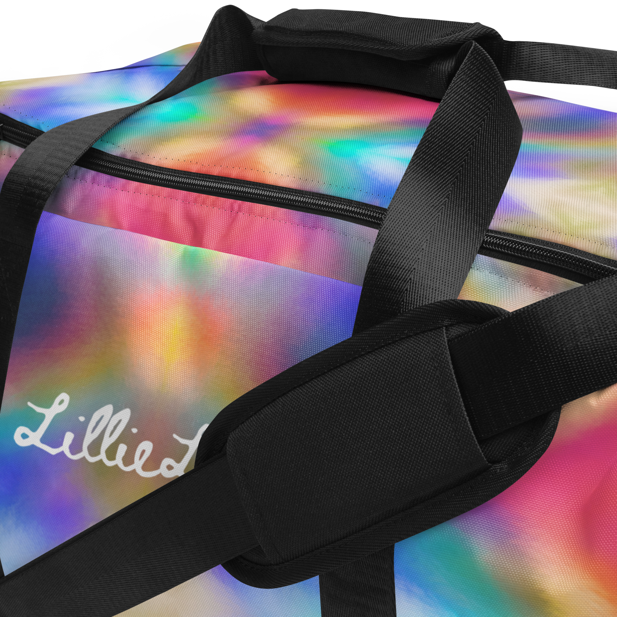 Iridescent rainbow LillieLux gym bag – vibrant, stylish duffle designed for movement, flexibility, and girlie energy.
