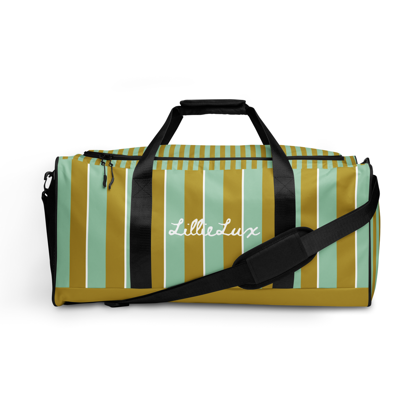 Front view of Palm Tonic Duffle Bag in muted aqua and olive green stripes with structured design and sleek dual handles LillieLux.com