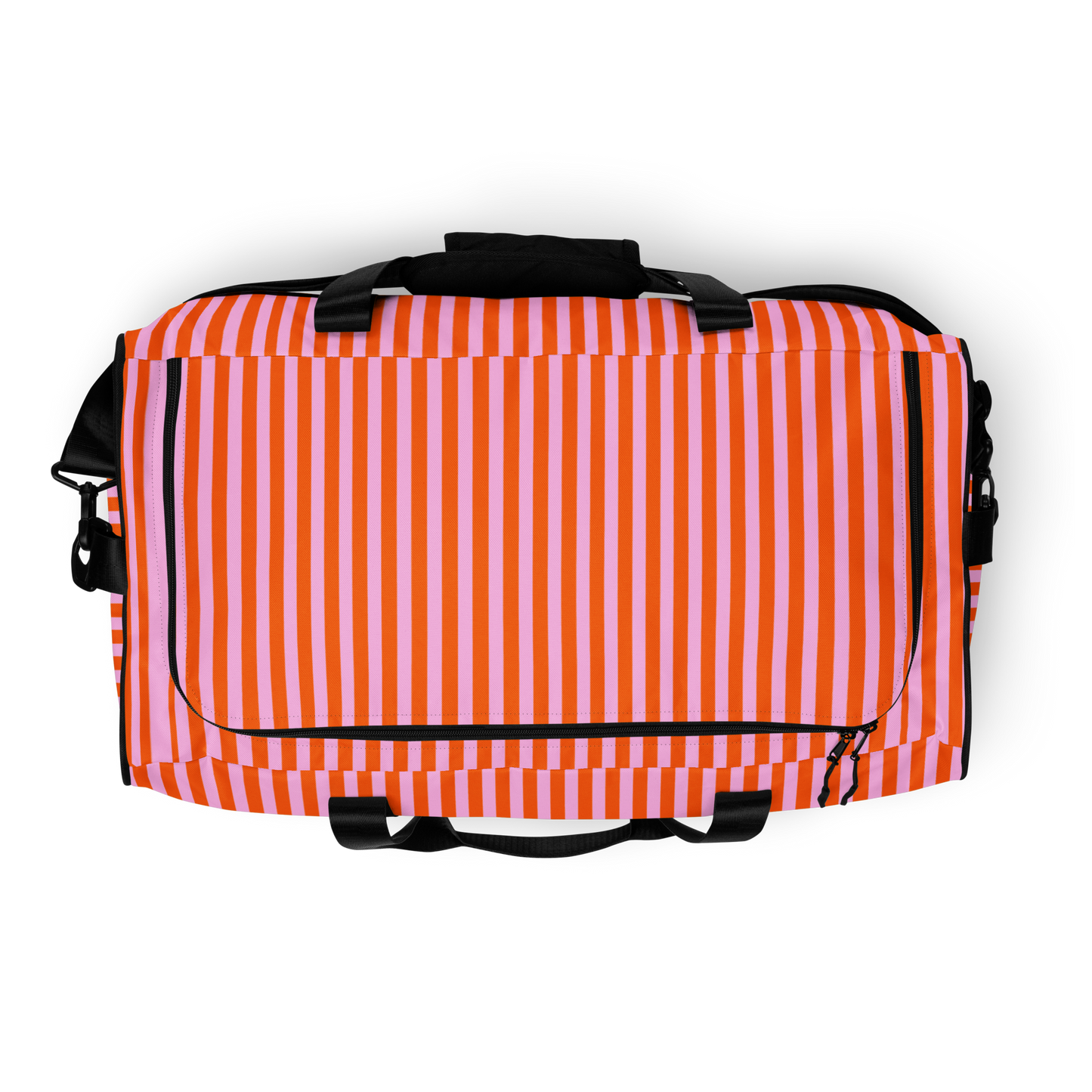 Pink and orange striped large duffle bag, top view, lillielux.com