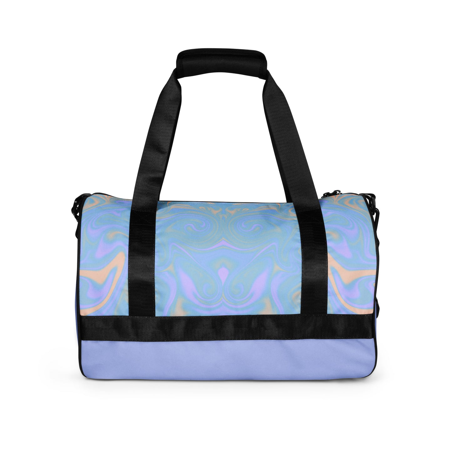 Lillielux soft haze gym bag back view, soft haze pastel top panel, solid lavender bottom panel, black handle, white background