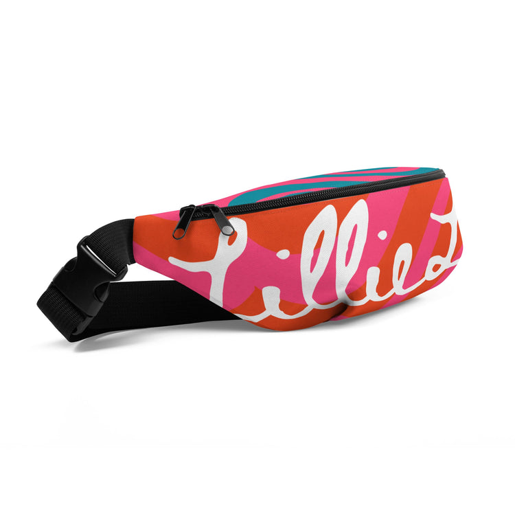 Lillie Lux logo fanny pack in turquoise, pink, and orange colorway — stylish hands-free bag for travel, workouts, and everyday wear.