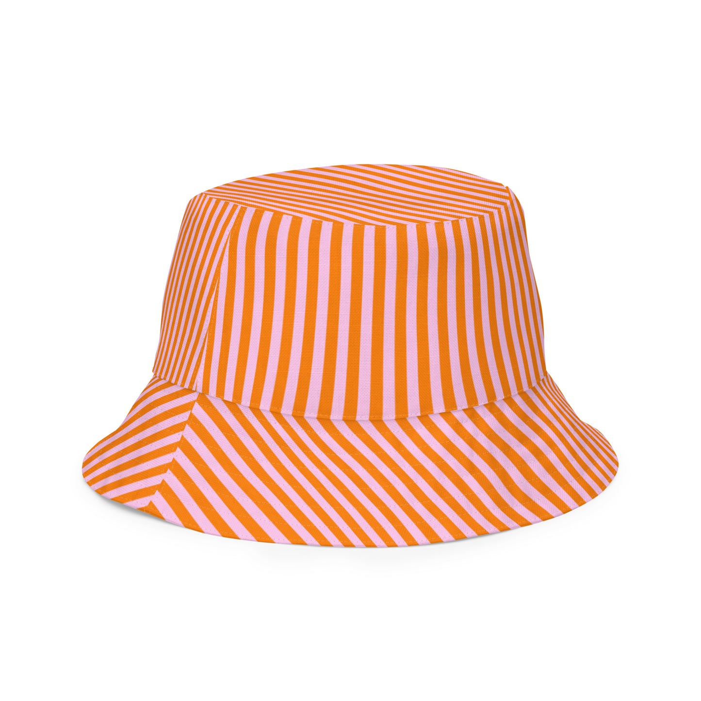 Back of Poppi print bucket hat showing bold pink and orange stripes.