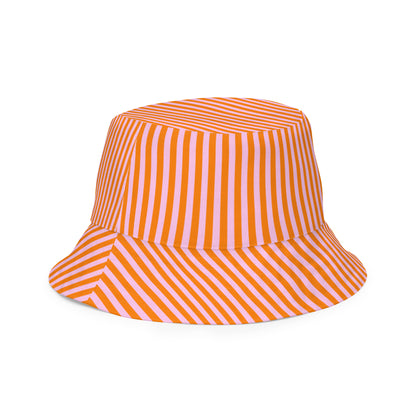 Back of Poppi print bucket hat showing bold pink and orange stripes.