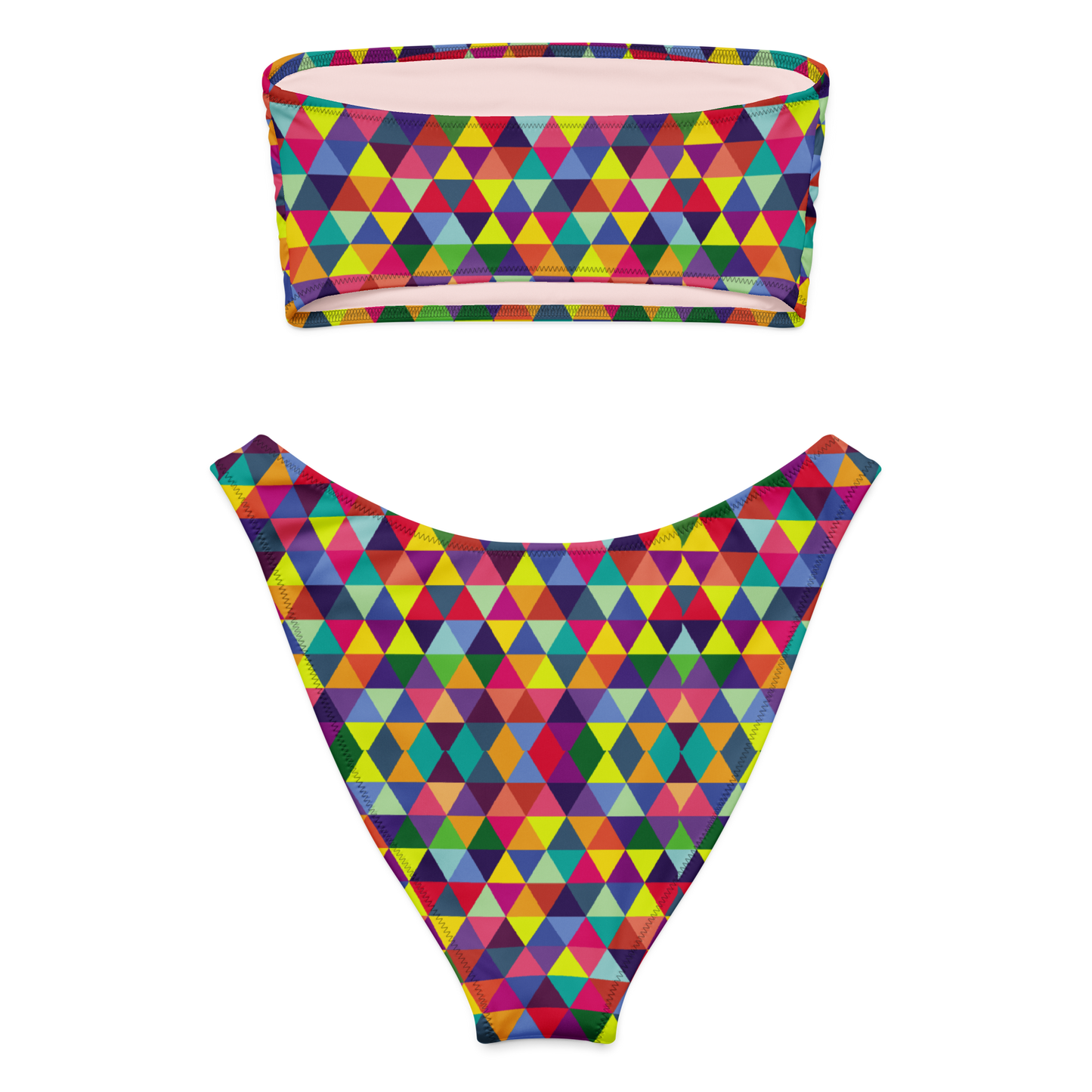 Back view of Geo Pop bandeau bikini set with high-leg cheeky bottoms