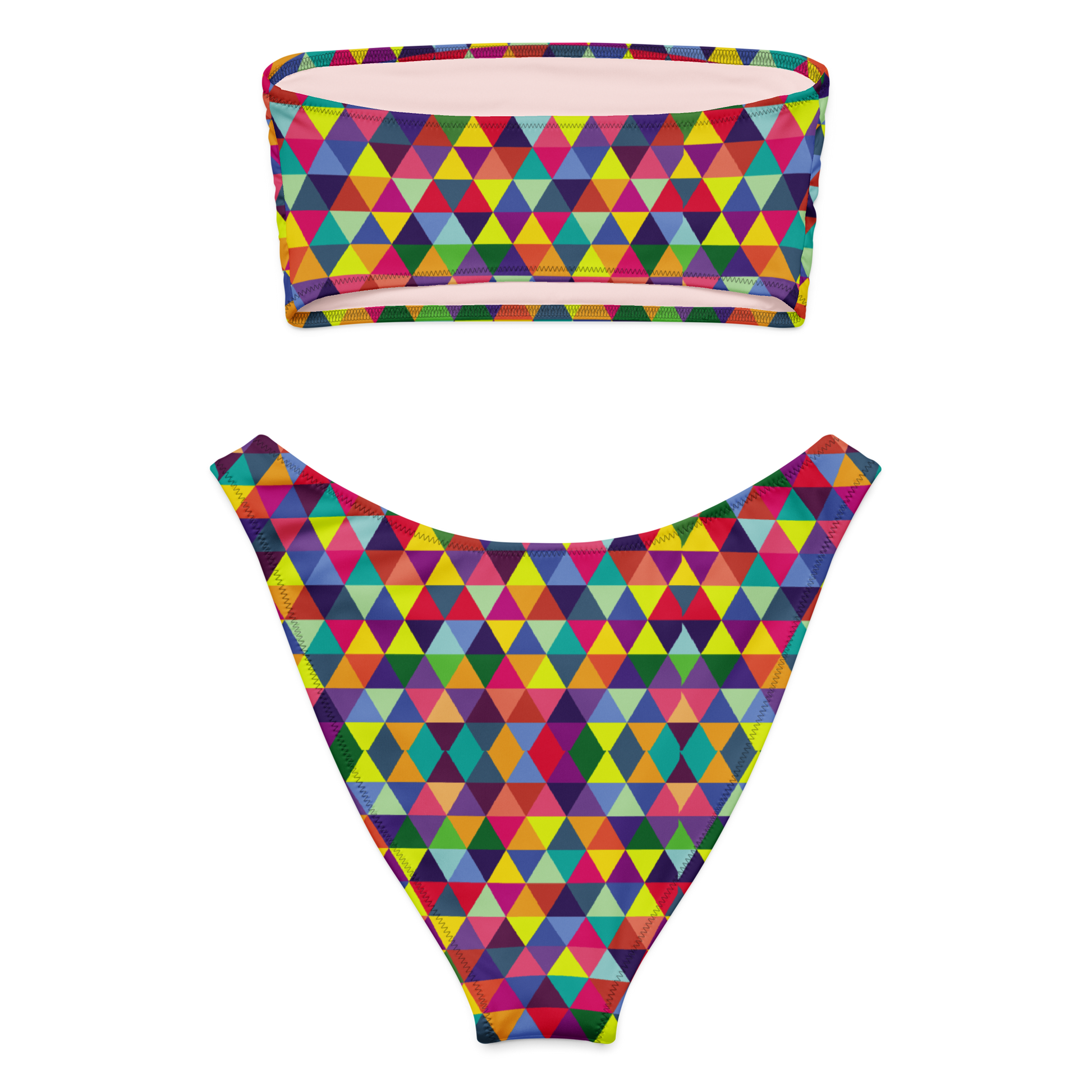 Back view of Geo Pop bandeau bikini set with high-leg cheeky bottoms