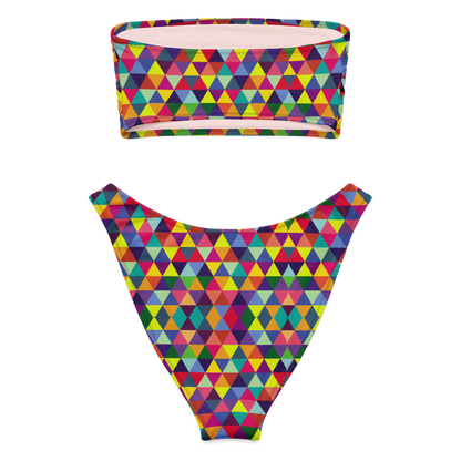 Back view of Geo Pop bandeau bikini set with high-leg cheeky bottoms