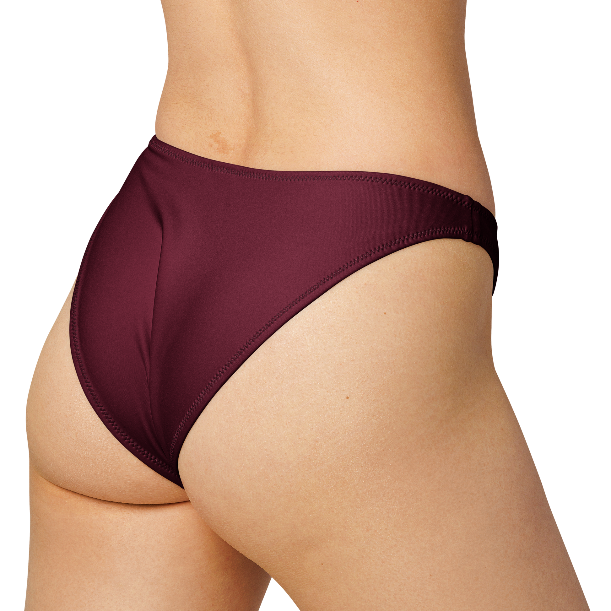 Back view of high-leg cheeky bikini bottoms in merlot – curve fit swimwear