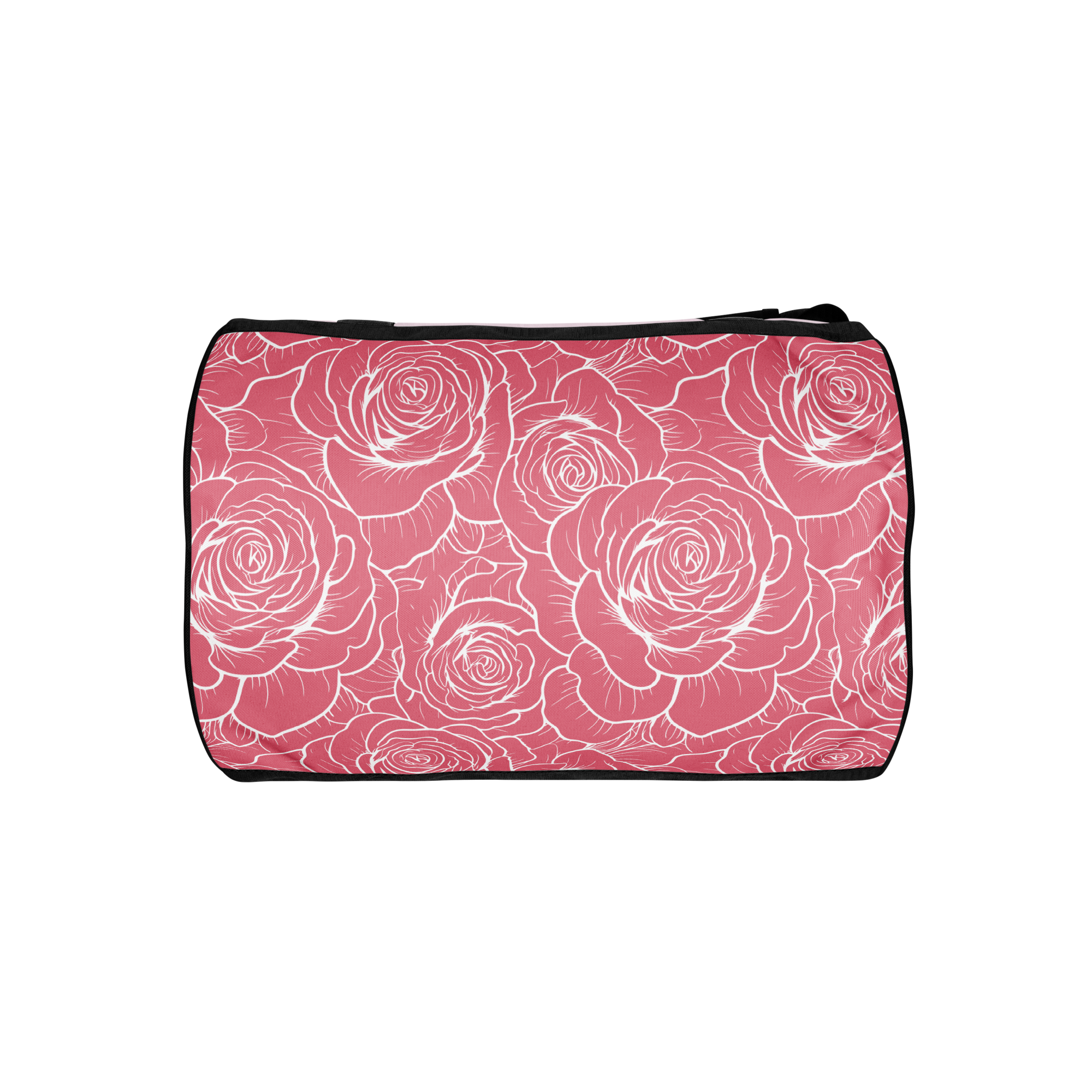 Bottom view of the LillieLux Blush duffle bag featuring a pink rose floral print on a blush background