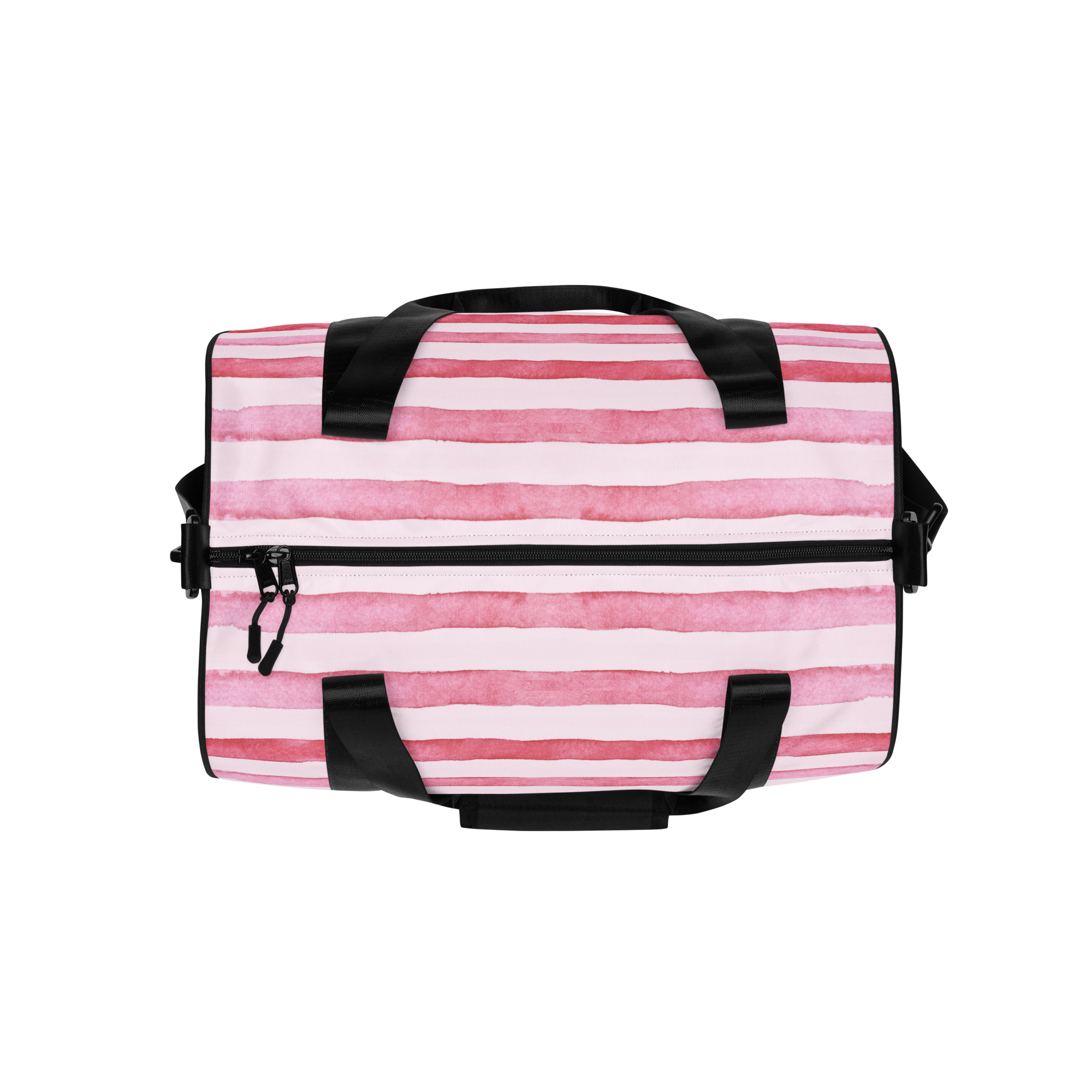 Top view of the LillieLux Blush duffle bag with horizontal pink watercolor stripes and black handles.
