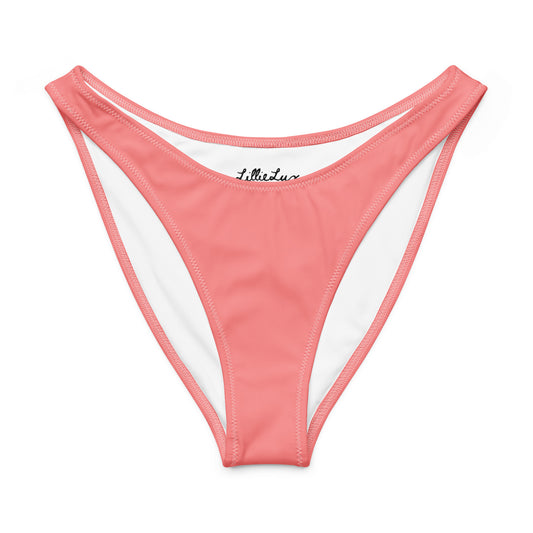 Coral pink v-cut bikini bottoms – front view on white background