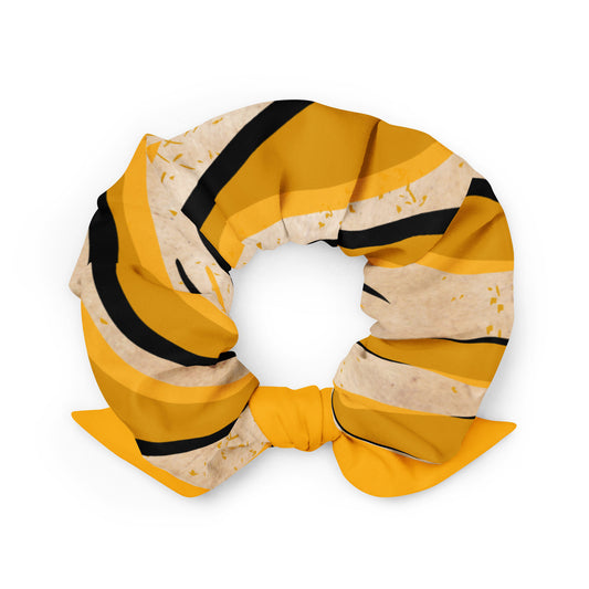LillieLux dandelion zebra scrunchie with yellow detachable bow, back view, white background 