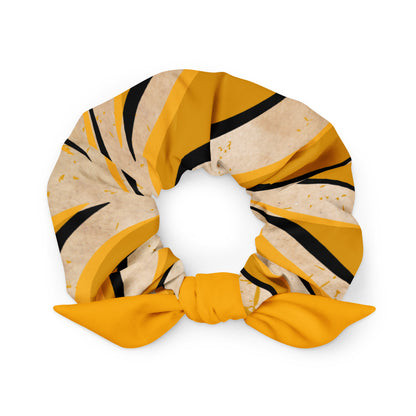 LillieLux dandelion zebra scrunchie with yellow detachable bow detail, front view, white background 