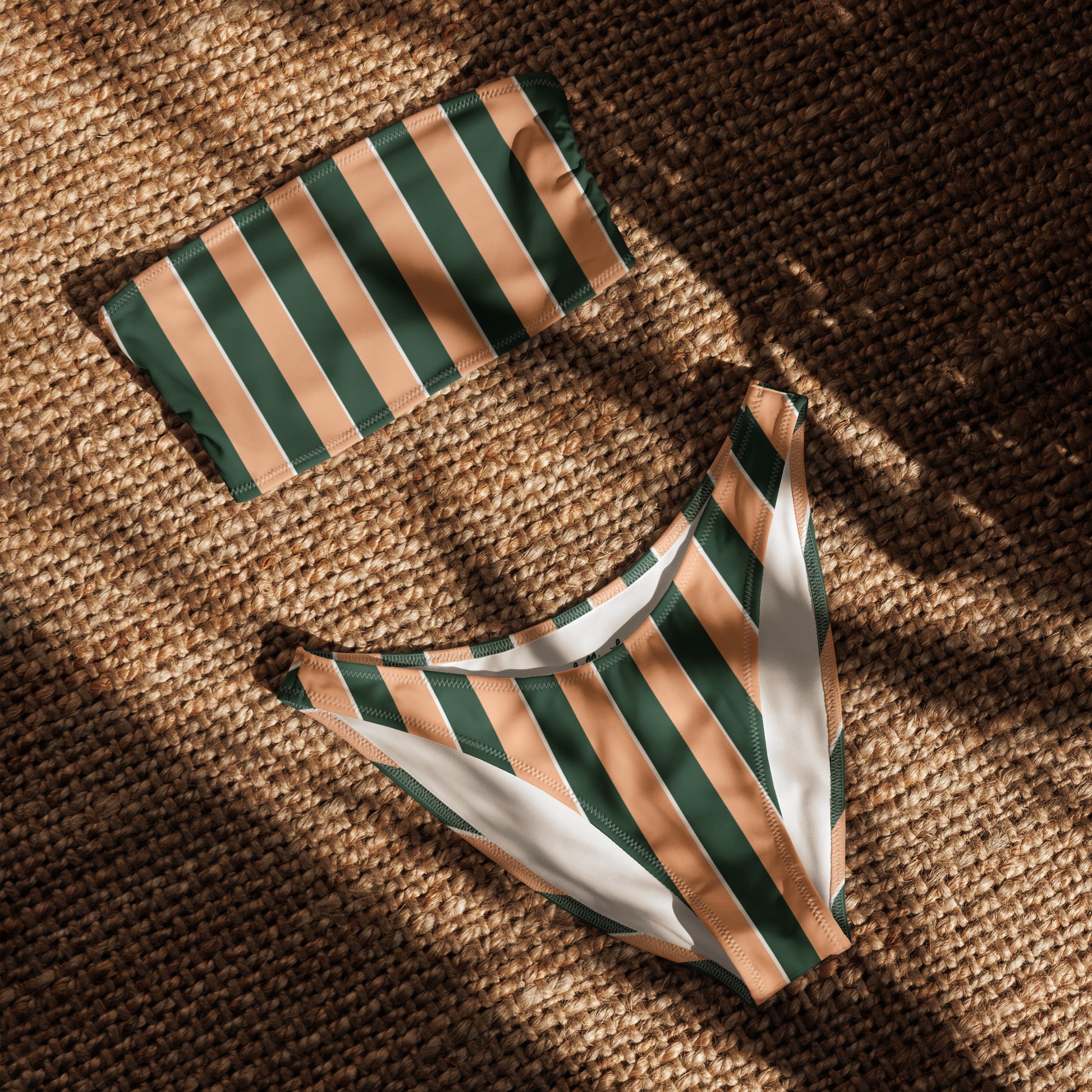 Sunset Stadium bikini set in tan and dark green vertical stripes – bandeau top and high-leg bottoms by Lillie Lux