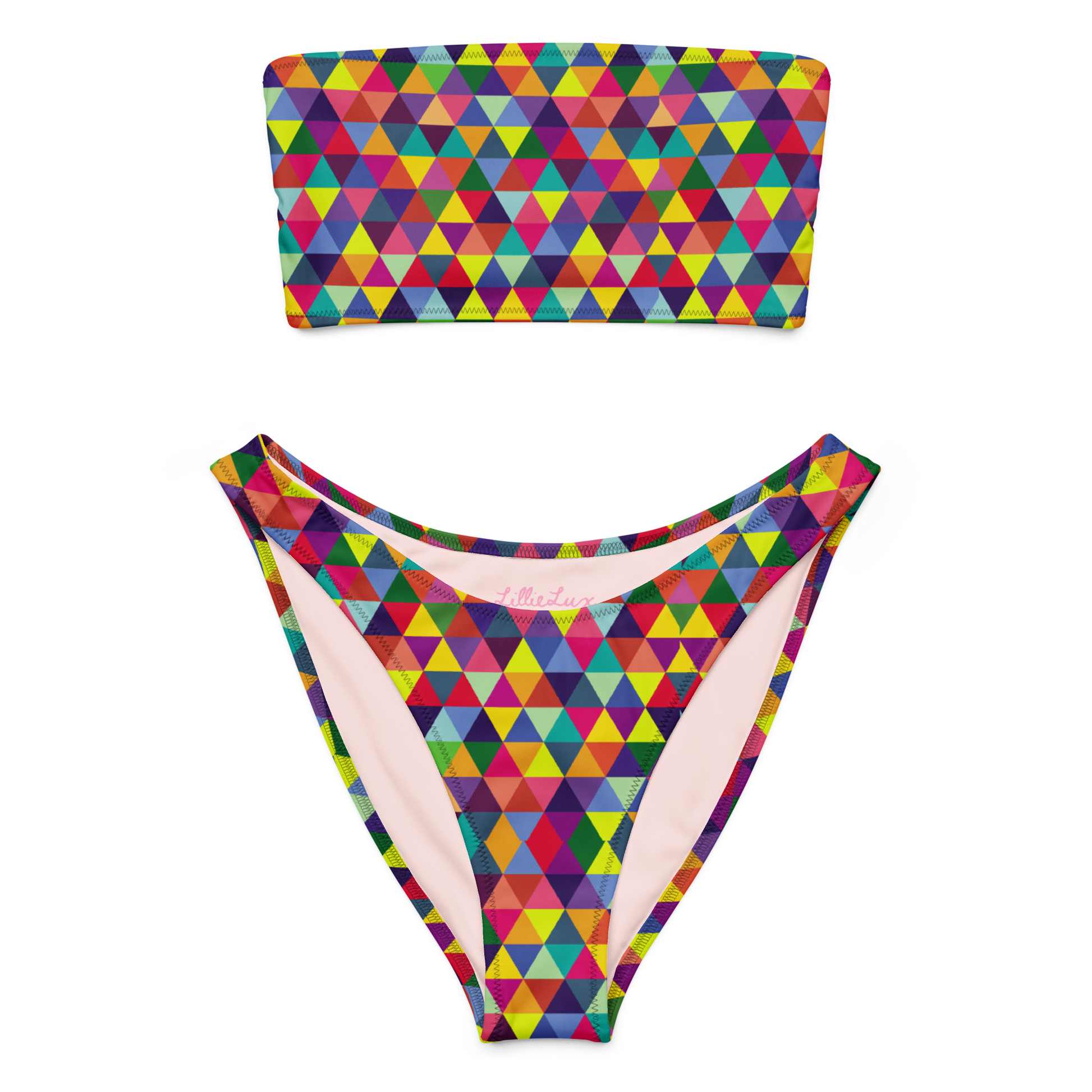Geo Pop multicolor bandeau bikini set with high-leg bottoms – front view transparent background