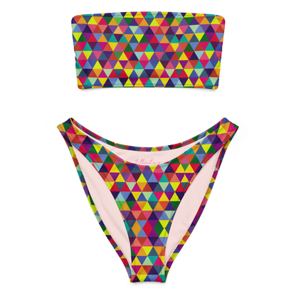 Geo Pop multicolor bandeau bikini set with high-leg bottoms – front view transparent background
