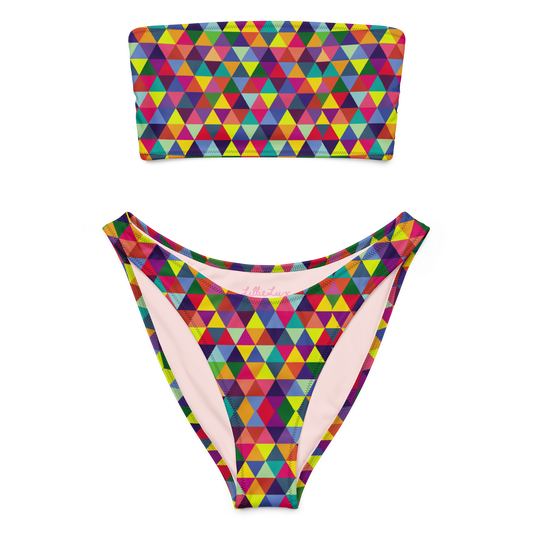 Geo Pop multicolor bandeau bikini set with high-leg bottoms – front view transparent background