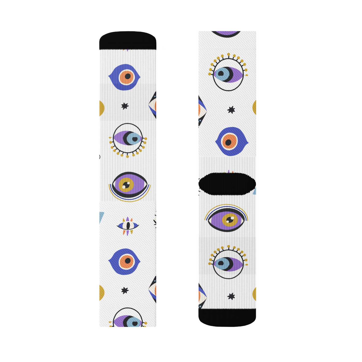 Mystic Eye print crew socks, laid flat, showcasing all-over design. Size large LillieLux 
