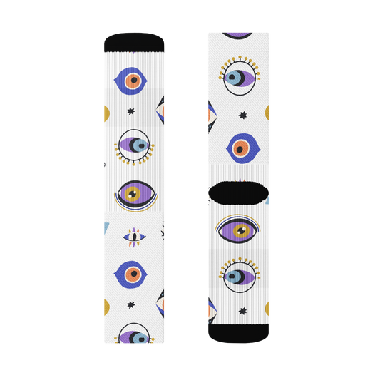 Mystic Eye print crew socks, laid flat, showcasing all-over design. Size large LillieLux 