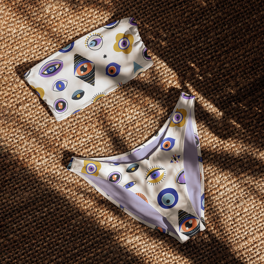 Lavender bandeau bikini set with mystic eye print and high-leg bottoms – Lillie Lux