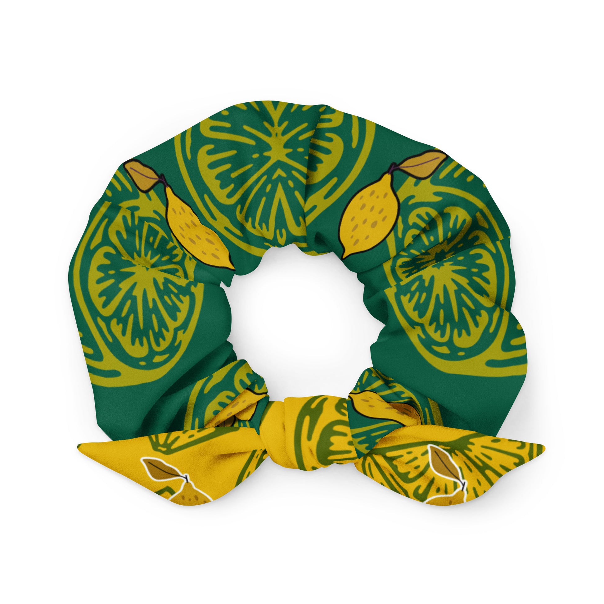 LillieLux yellow and green lemon-lime scrunchie, front view, white background 