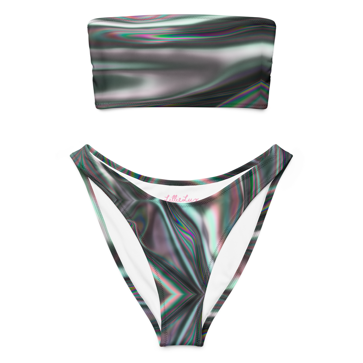 Liquid Smoke black swirl bandeau bikini set with v-cut high-leg bottoms – Lillie Lux
