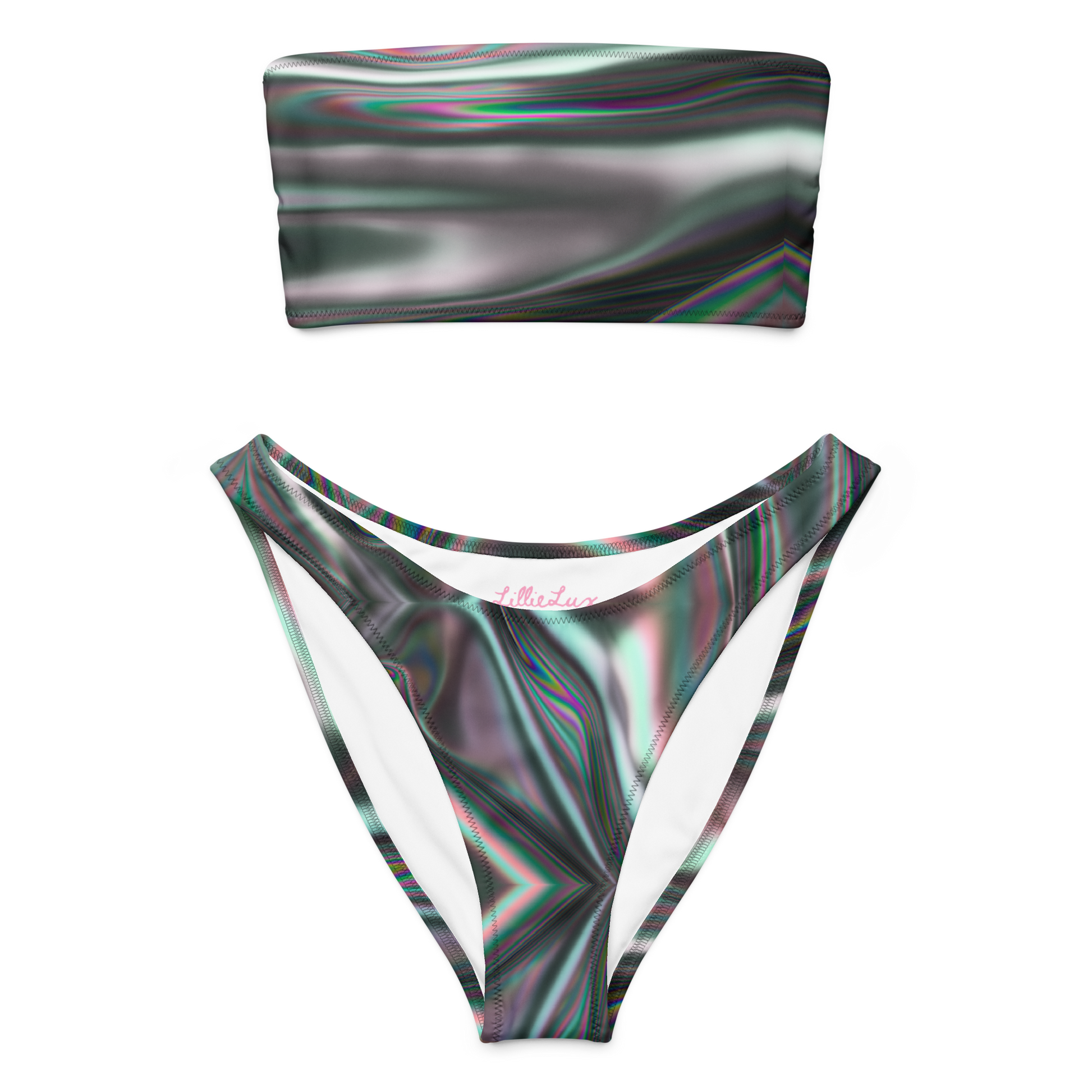 Liquid Smoke black swirl bandeau bikini set with v-cut high-leg bottoms – Lillie Lux