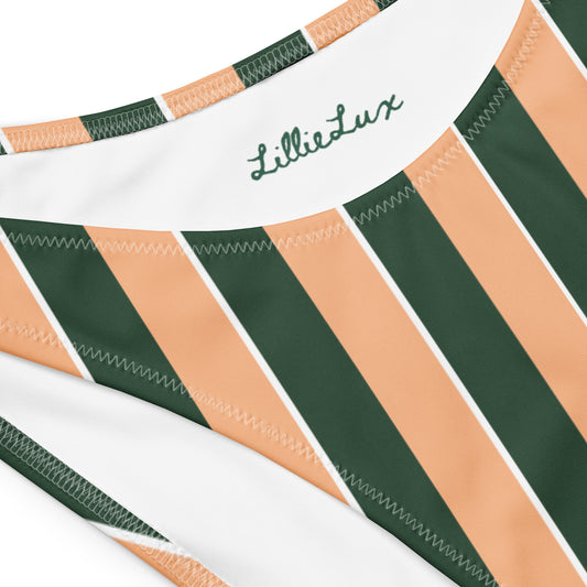 Close-up of Lillie Lux logo on Sunset Stadium striped bikini top – eco swimwear