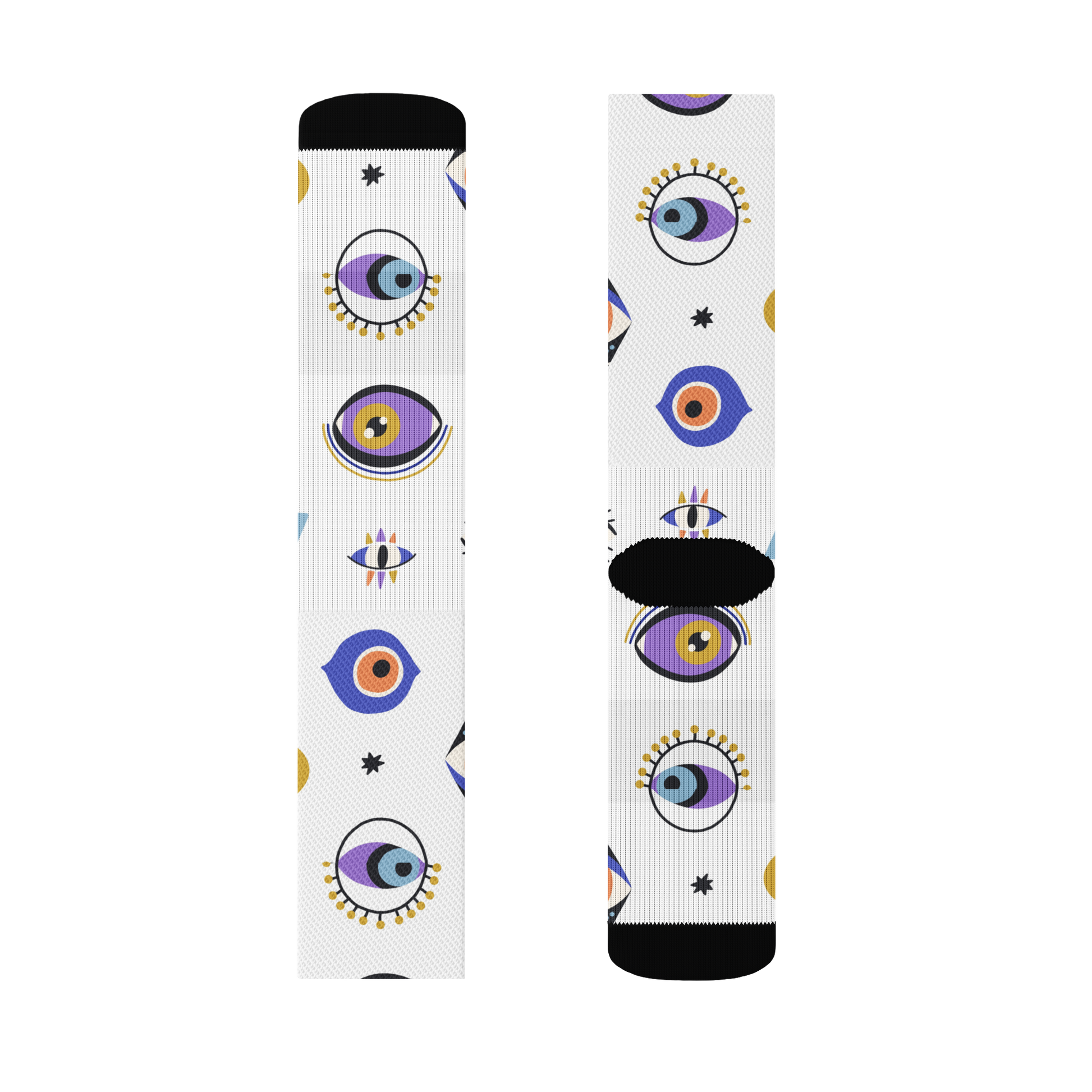 Mystic Eye print crew socks, laid flat, showcasing all-over design. Size medium LillieLux 