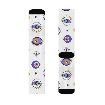 Mystic Eye print crew socks, laid flat, showcasing all-over design. Size medium LillieLux 