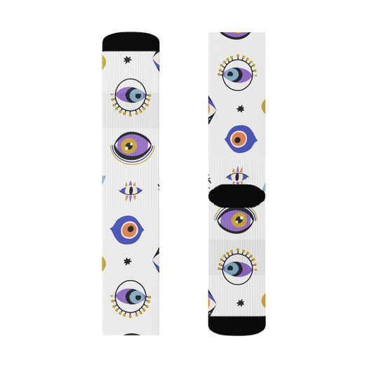 Mystic Eye print crew socks, laid flat, showcasing all-over design. Size medium LillieLux 