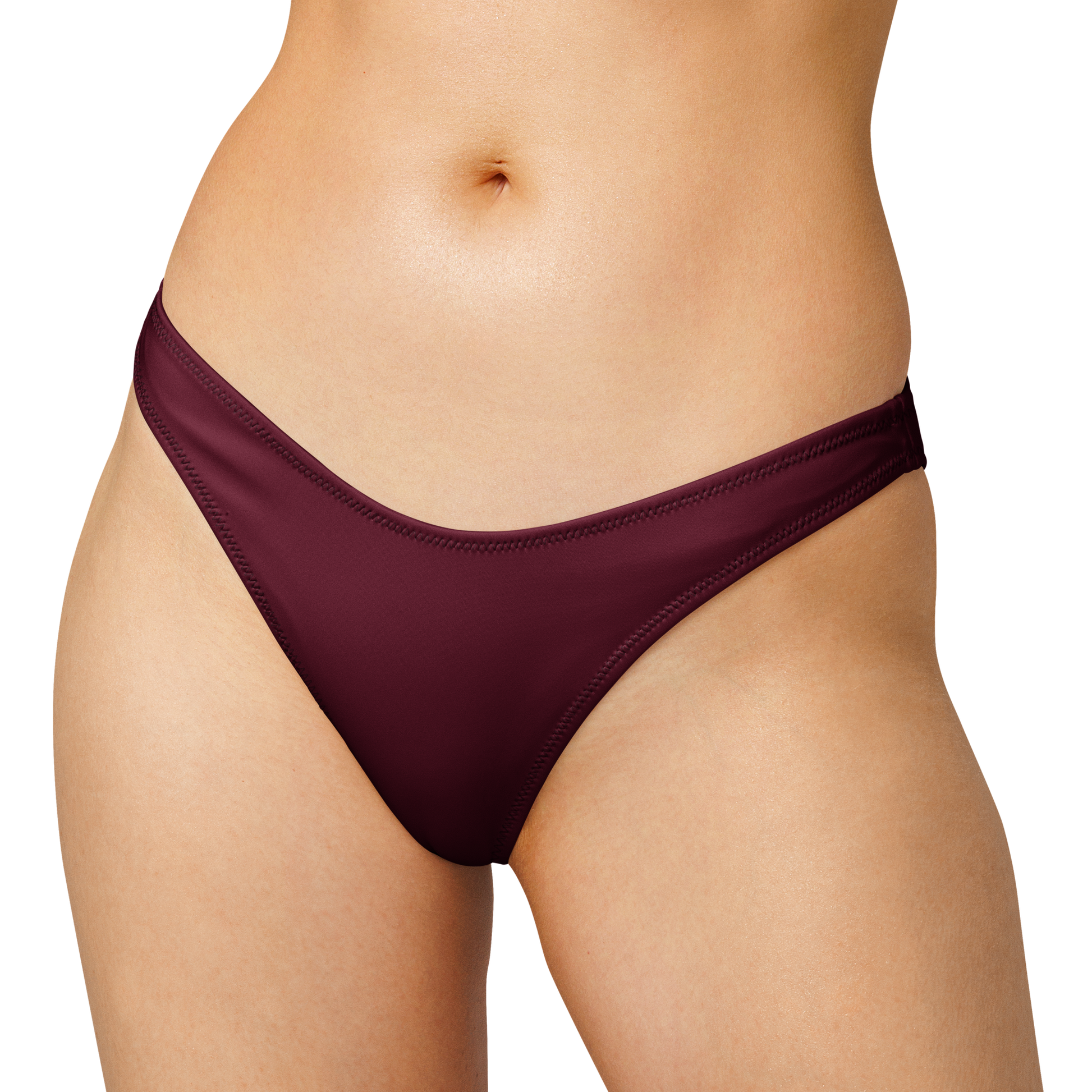 Merlot V-cut high-leg bikini bottoms on model – front view on white background