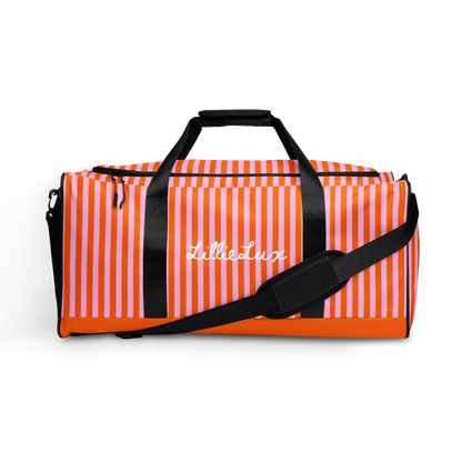 Orange and pink striped large duffle bag, front view lillielux.com