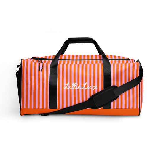 Orange and pink striped large duffle bag, front view lillielux.com