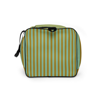 Left side of Palm Tonic  large Duffle Bag with olive and aqua striping Lillie.com 