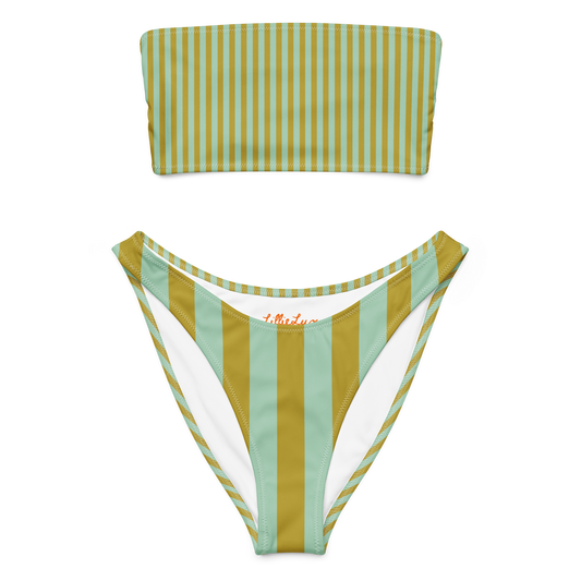 Palm Tonic green striped bandeau bikini with high-leg bottoms – eco swim set by Lillie Lux