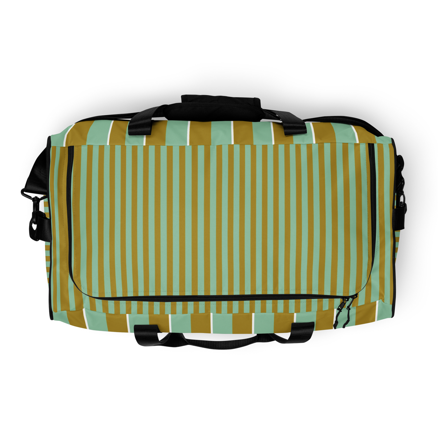 Top of Palm Tonic Duffle with muted aqua and olive stripes, structured silhouette, and dual padded handles