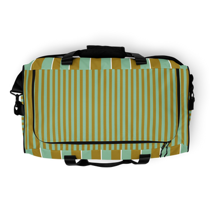 Top of Palm Tonic Duffle with muted aqua and olive stripes, structured silhouette, and dual padded handles