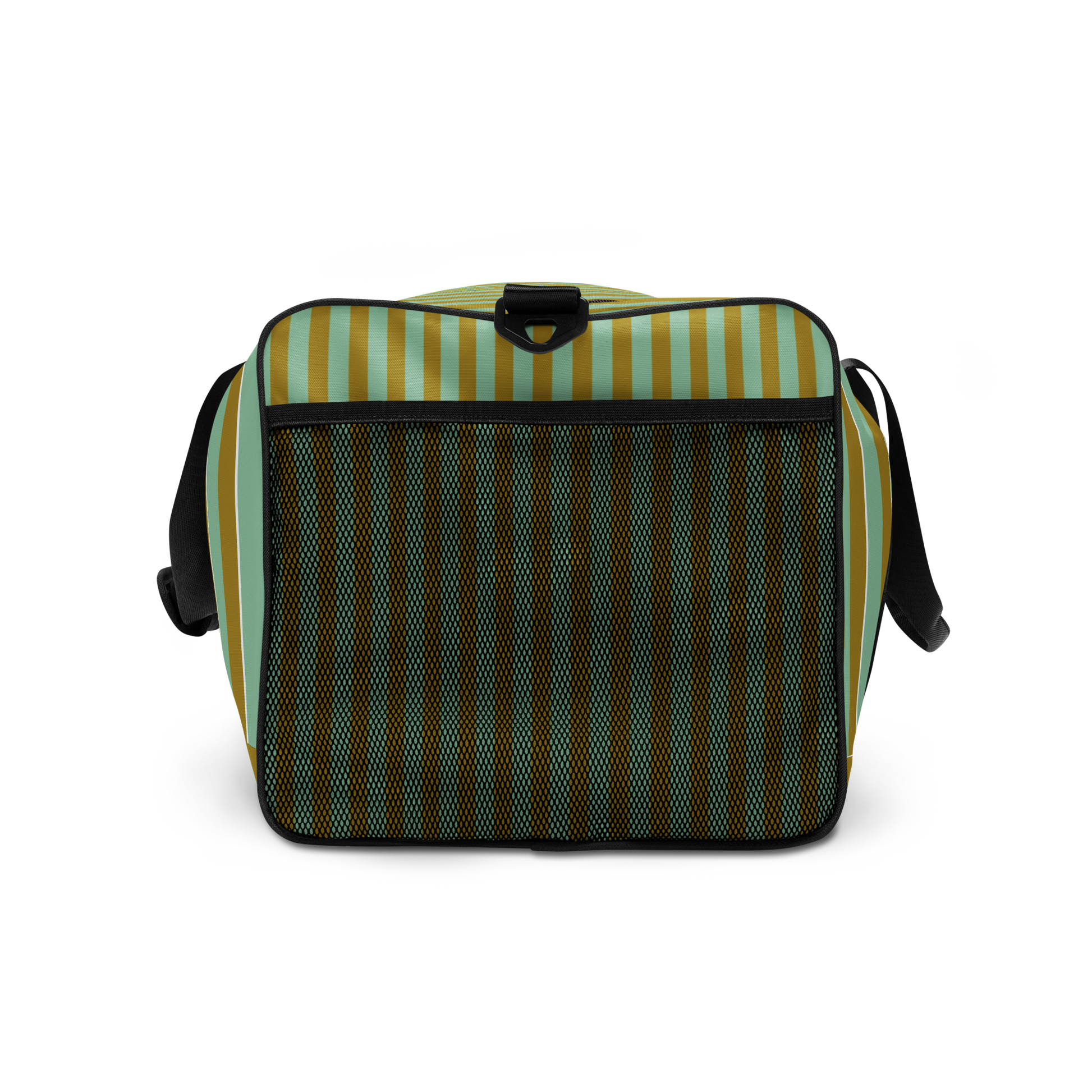 Right side profile of Palm Tonic Duffle Bag with mesh side pocket and olive and aqua tonal striping