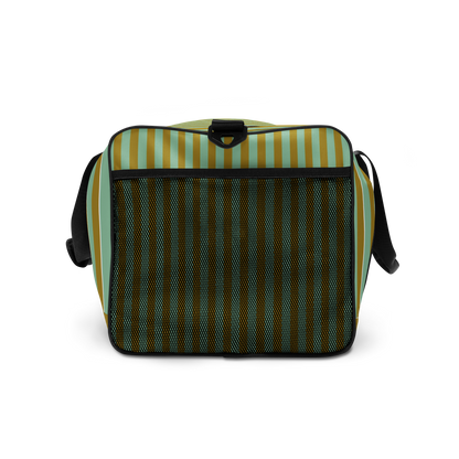 Right side profile of Palm Tonic Duffle Bag with mesh side pocket and olive and aqua tonal striping