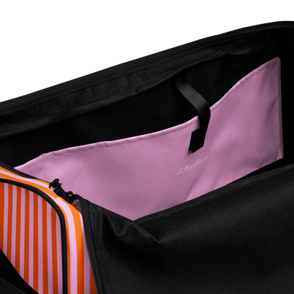 Pink and orange stripped large duffle bag, pink inner pocket detail, lillielux.com