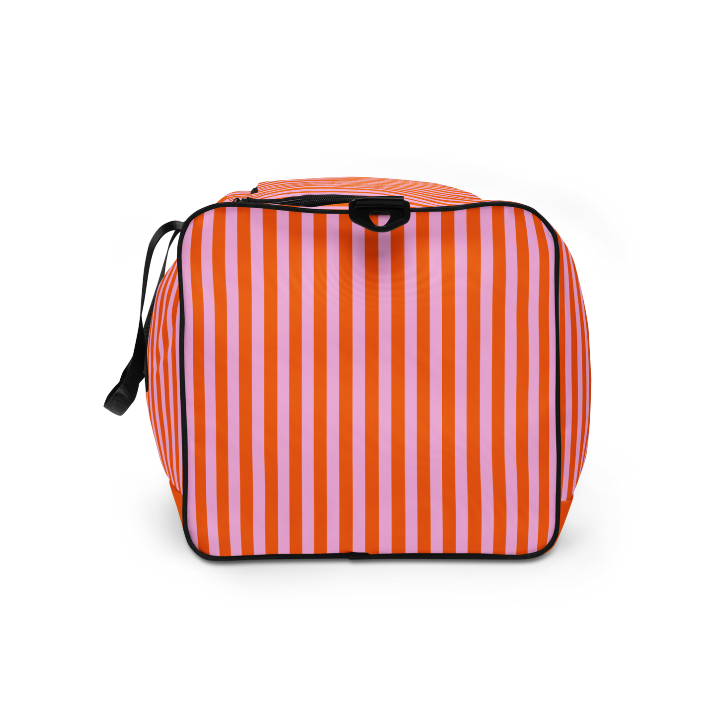Pink and orange striped large duffle bag, left side view, lillielux.com