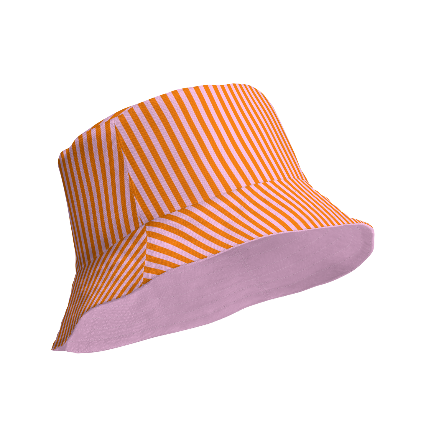 Bucket hat with orange and white striped top and pink bottom on a transparent background. Poppi pink and orange signature stripes, lillielux.com