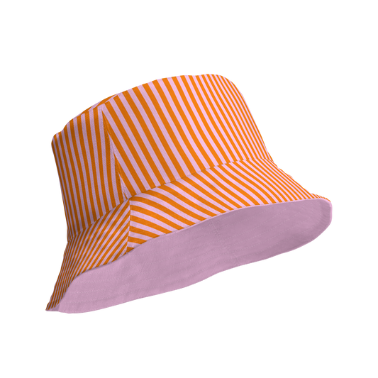 Bucket hat with orange and white striped top and pink bottom on a transparent background. Poppi pink and orange signature stripes, lillielux.com