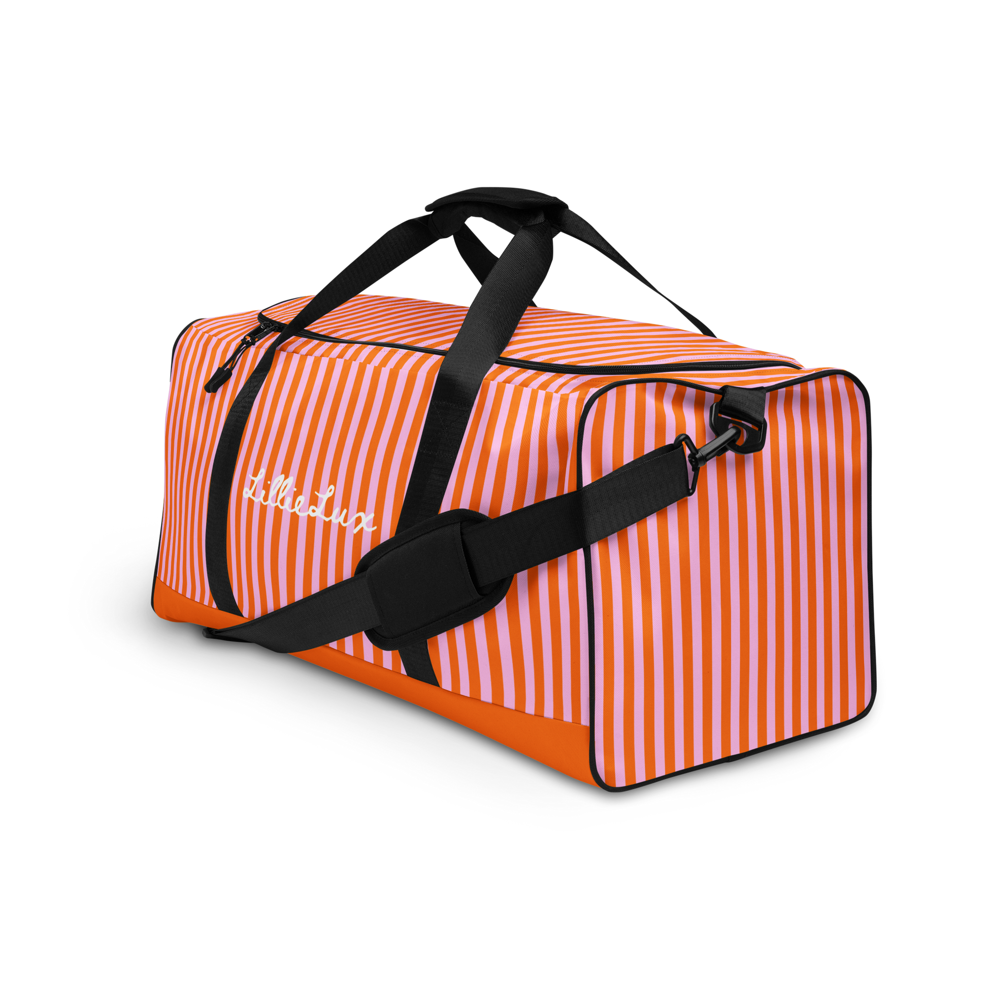 Orange and pink striped large duffle bag, front left view, lillielux.com