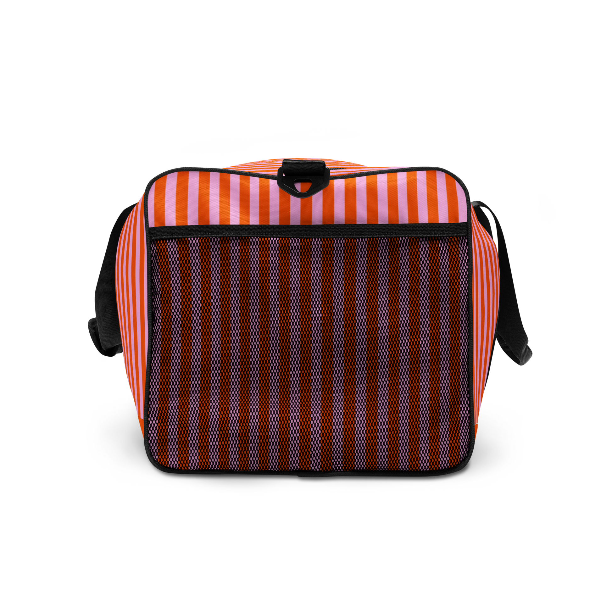 Pink and orange striped large duffle bag, right side pocket view, lillielux.com