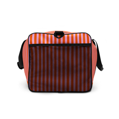 Pink and orange striped large duffle bag, right side pocket view, lillielux.com